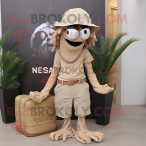 Tan Medusa mascot costume character dressed with a Cargo Shorts and Hats