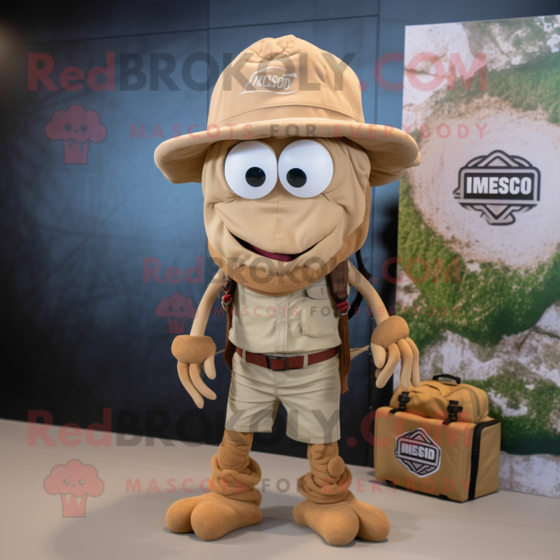 Tan Medusa mascot costume character dressed with a Cargo Shorts and Hats