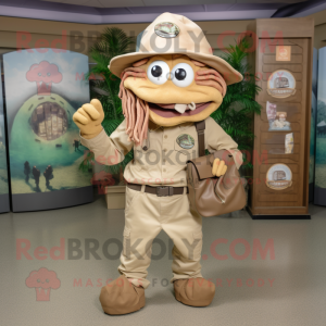 Tan Medusa mascot costume character dressed with a Cargo Shorts and Hats