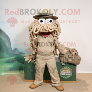 Tan Medusa mascot costume character dressed with a Cargo Shorts and Hats