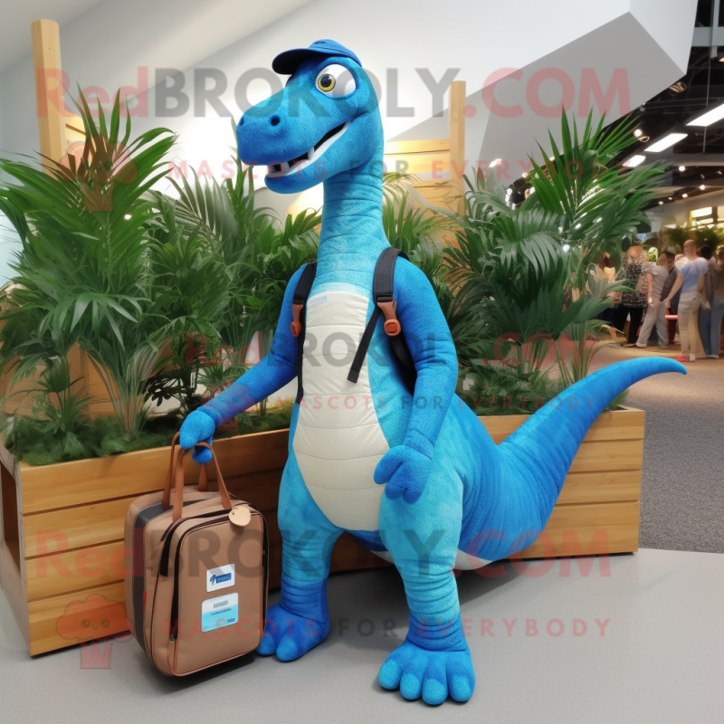 Blue Brachiosaurus mascot costume character dressed with a Board Shorts and Handbags