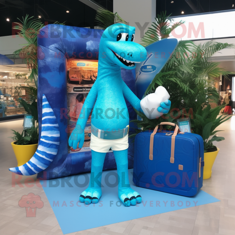 Blue Brachiosaurus mascot costume character dressed with a Board Shorts and Handbags Blue Brachiosaurus mascot costume character dressed with a Board Shorts and Handbags