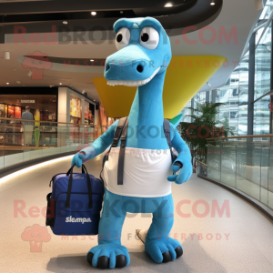 Blue Brachiosaurus mascot costume character dressed with a Board Shorts and Handbags
