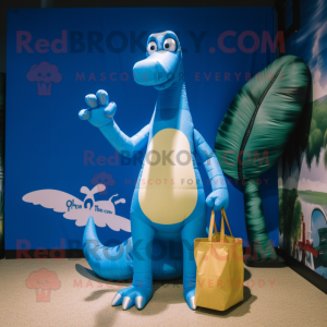 Blue Brachiosaurus mascot costume character dressed with a Board Shorts and Handbags