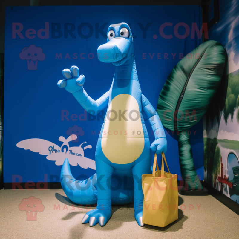 Blue Brachiosaurus mascot costume character dressed with a Board Shorts and Handbags Blue Brachiosaurus mascot costume character dressed with a Board Shorts and Handbags