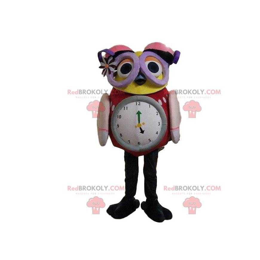 Mascote da coruja com um grande relógio e óculos -