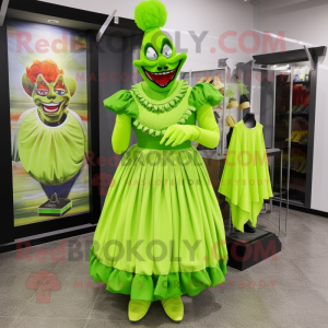 Lime Green Evil Clown mascot costume character dressed with a Maxi Dress and Coin purses