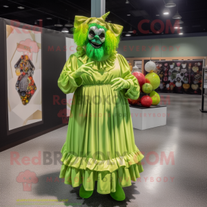 Lime Green Evil Clown mascot costume character dressed with a Maxi Dress and Coin purses