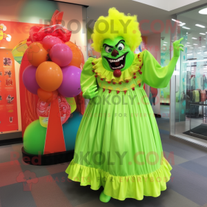 Lime Green Evil Clown mascot costume character dressed with a Maxi Dress and Coin purses