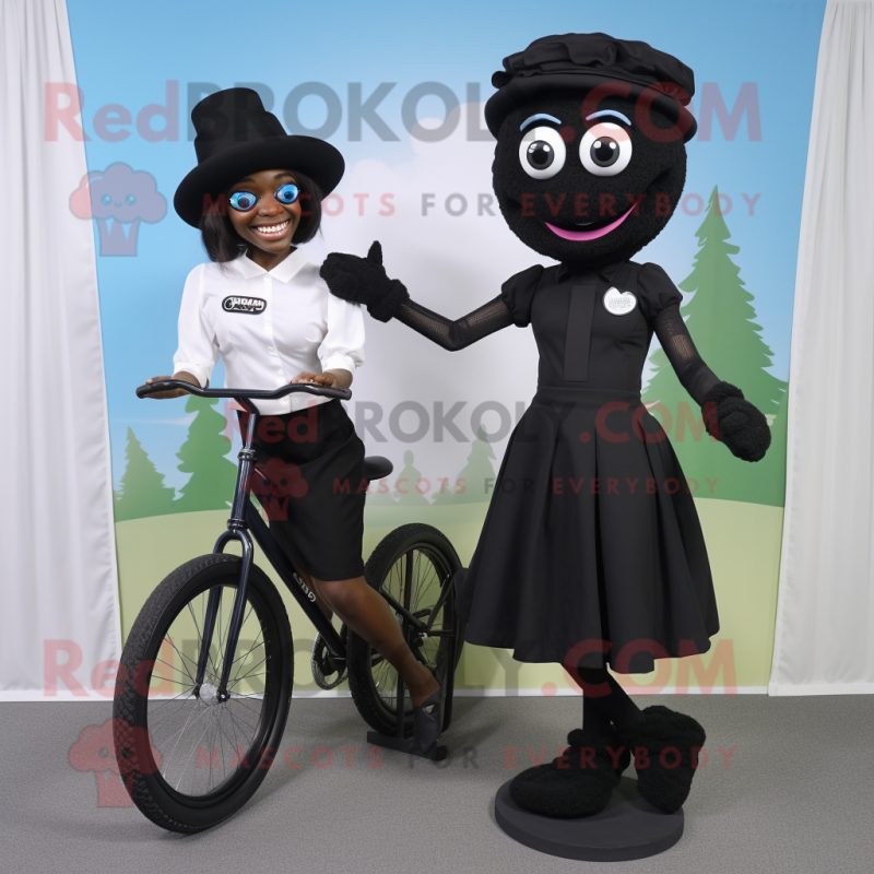 Black Unicyclist mascot costume character dressed with a Wrap Dress and Ties Black Unicyclist mascot costume character dressed with a Wrap Dress and Ties