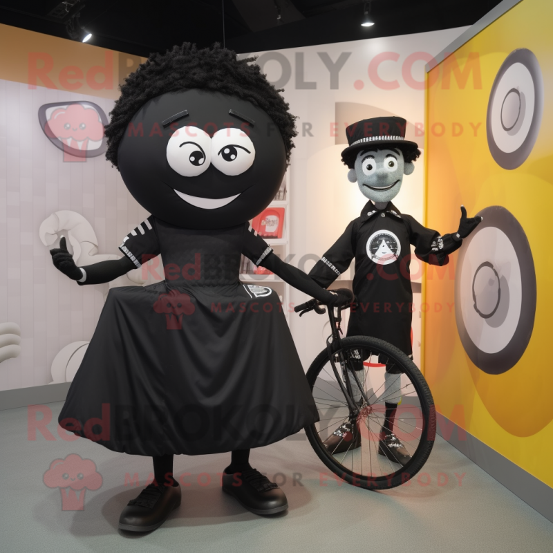 Black Unicyclist mascot costume character dressed with a Wrap Dress and Ties