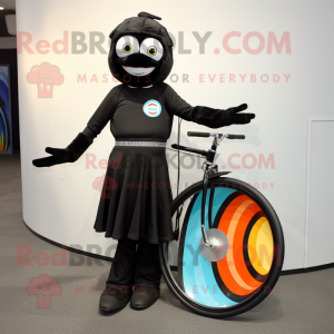 Black Unicyclist mascot costume character dressed with a Wrap Dress and Ties