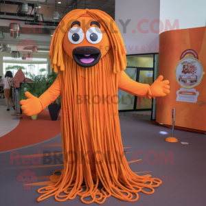 Orange Spaghetti mascot costume character dressed with a Maxi Dress and Necklaces
