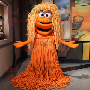 Orange Spaghetti mascot costume character dressed with a Maxi Dress and Necklaces