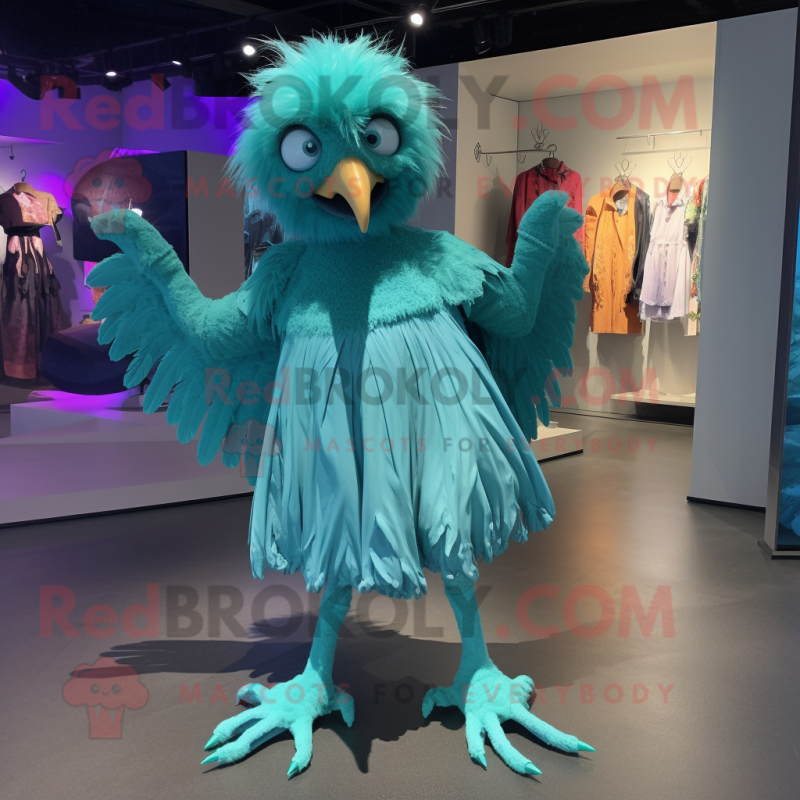 Cyan Harpy mascot costume character dressed with a Mini Dress and Shoe laces Cyan Harpy mascot costume character dressed with a Mini Dress and Shoe laces
