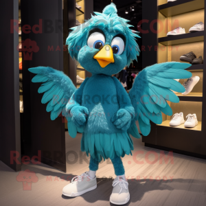 Cyan Harpy mascot costume character dressed with a Mini Dress and Shoe laces