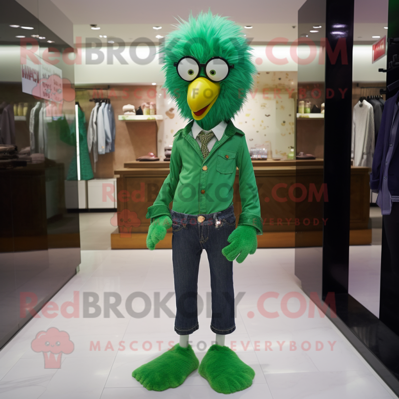 Green Fried Chicken mascot costume character dressed with a Skinny Jeans and Ties Green Fried Chicken mascot costume character dressed with a Skinny Jeans and Ties