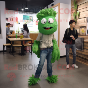 Green Fried Chicken mascot costume character dressed with a Skinny Jeans and Ties