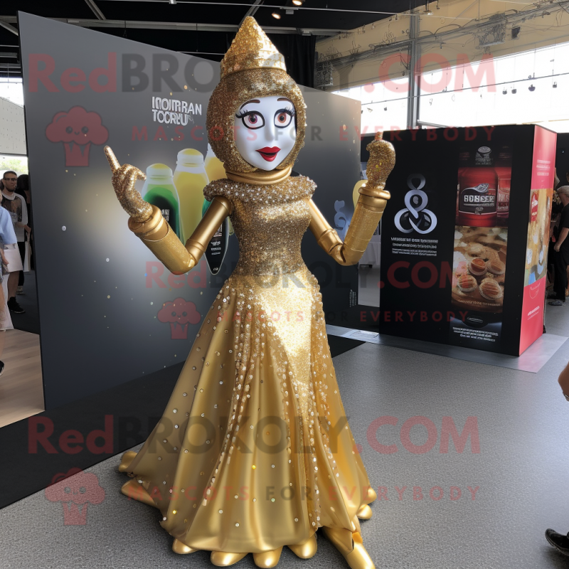 Gold Soda Can mascot costume character dressed with a Ball Gown and Necklaces Gold Soda Can mascot costume character dressed with a Ball Gown and Necklaces