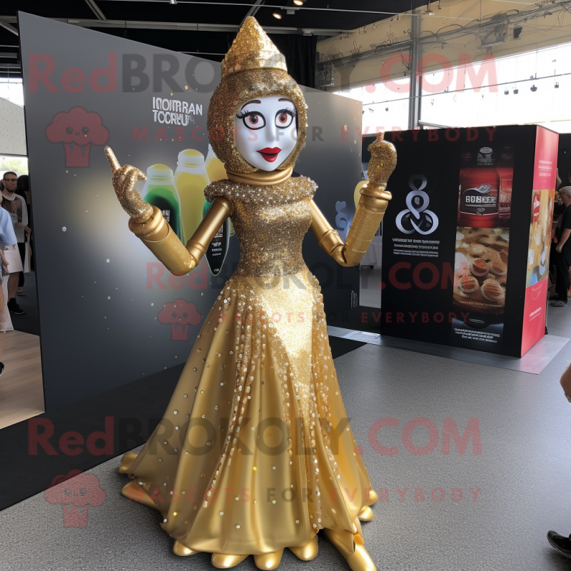 Gold Soda Can mascot costume character dressed with a Ball Gown and Necklaces