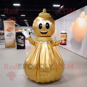 Gold Soda Can mascot costume character dressed with a Ball Gown and Necklaces