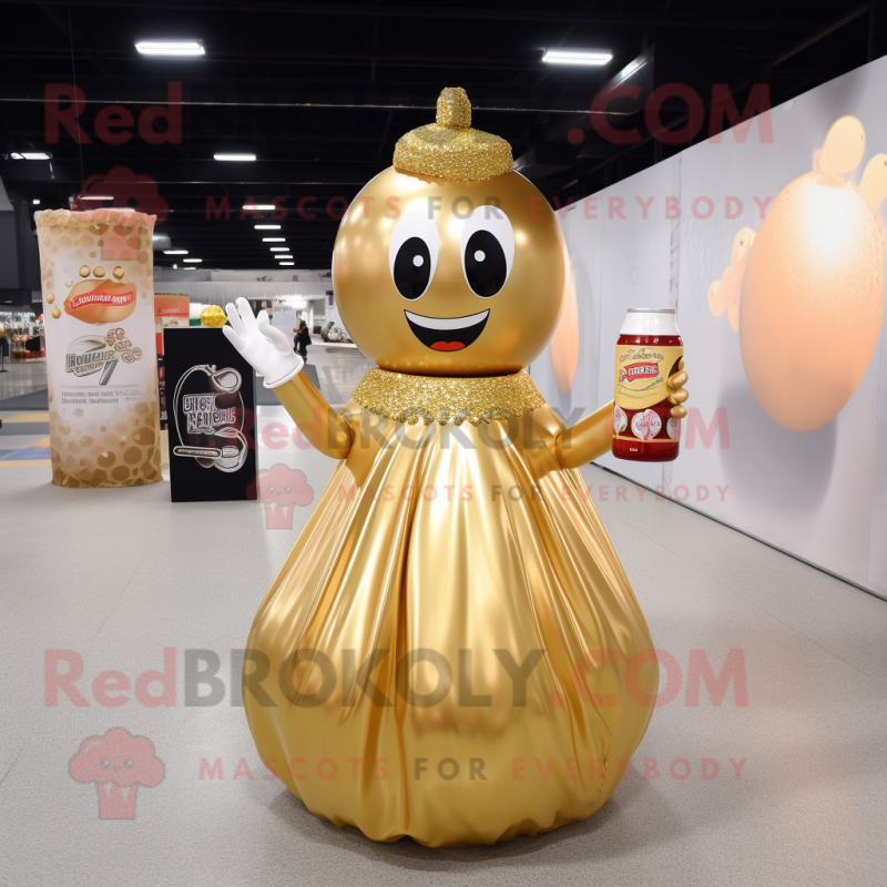 Gold Soda Can mascot costume character dressed with a Ball Gown and Necklaces Gold Soda Can mascot costume character dressed with a Ball Gown and Necklaces