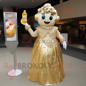 Gold Soda Can mascot costume character dressed with a Ball Gown and Necklaces
