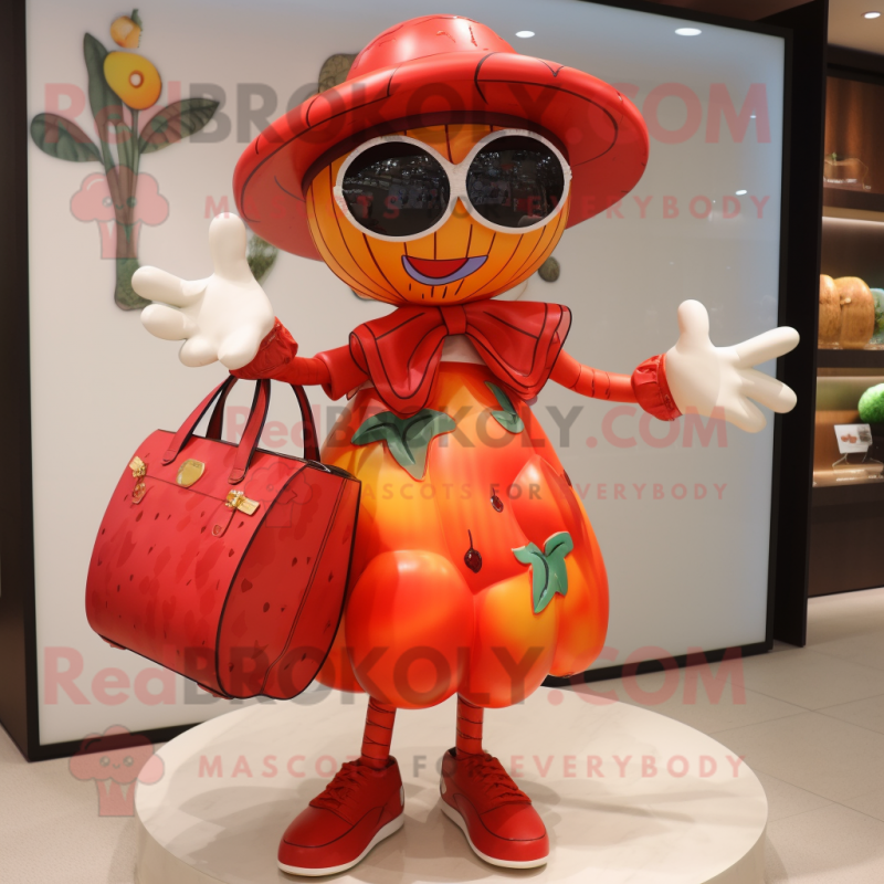 nan Tomato mascot costume character dressed with a Bikini and Handbags nan Tomato mascot costume character dressed with a Bikini and Handbags