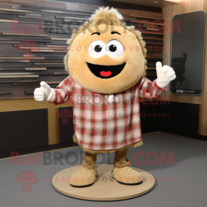 Tan Ramen mascot costume character dressed with a Flannel Shirt and Rings