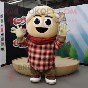 Tan Ramen mascot costume character dressed with a Flannel Shirt and Rings