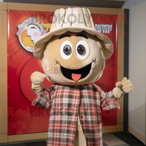 Tan Ramen mascot costume character dressed with a Flannel Shirt and Rings
