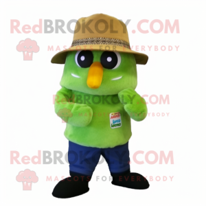 Lime Green Kiwi mascot costume character dressed with a Corduroy Pants and Hats