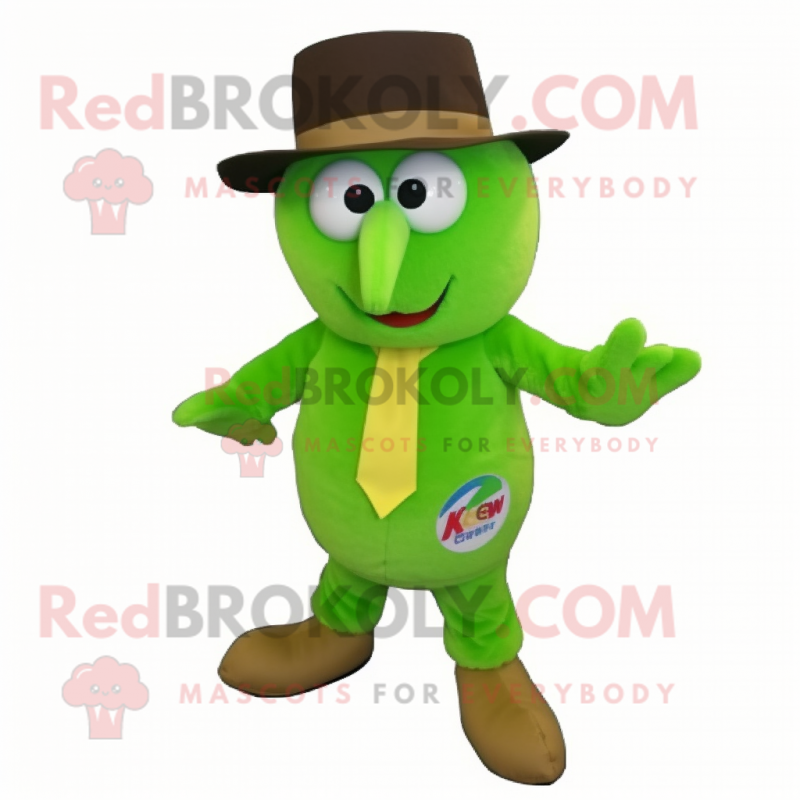 Lime Green Kiwi mascot costume character dressed with a Corduroy Pants and Hats