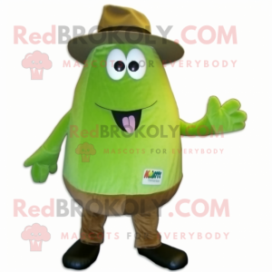 Lime Green Kiwi mascot costume character dressed with a Corduroy Pants and Hats