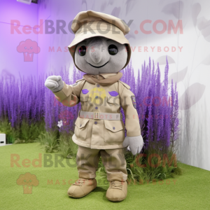 Lavender Army Soldier mascot costume character dressed with a Parka and Pocket squares