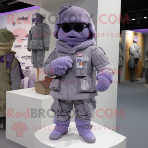 Lavender Army Soldier mascot costume character dressed with a Parka and Pocket squares