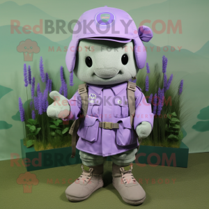 Lavender Army Soldier mascot costume character dressed with a Parka and Pocket squares