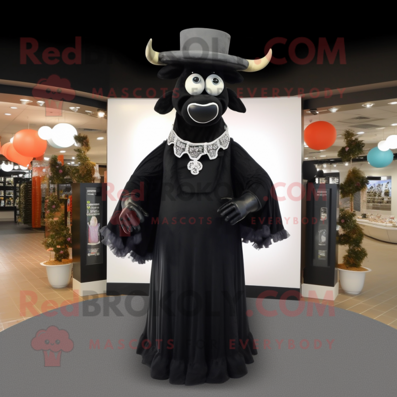 Black Beef Stroganoff mascot costume character dressed with a Evening Gown and Keychains Black Beef Stroganoff mascot costume character dressed with a Evening Gown and Keychains
