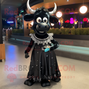 Black Beef Stroganoff mascot costume character dressed with a Evening Gown and Keychains