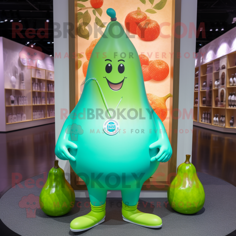 Cyan Pear mascot costume character dressed with a Yoga Pants and Necklaces Cyan Pear mascot costume character dressed with a Yoga Pants and Necklaces