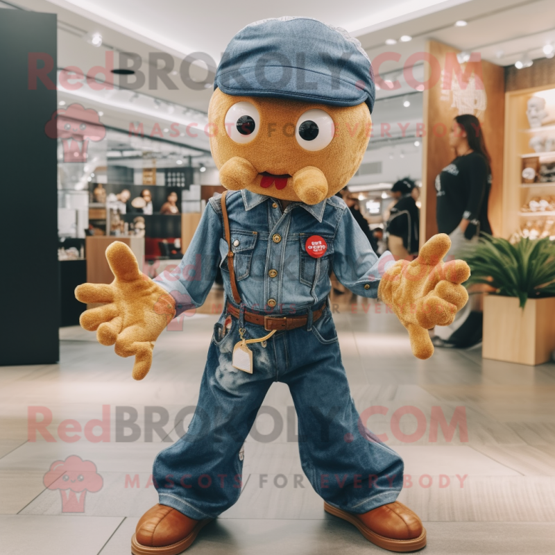 Gold Octopus mascot costume character dressed with a Denim Shirt and Shoe clips Gold Octopus mascot costume character dressed with a Denim Shirt and Shoe clips
