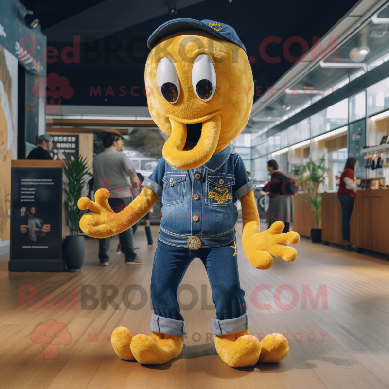 Gold Octopus mascot costume character dressed with a Denim Shirt and Shoe clips