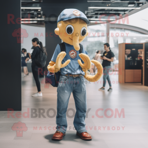 Gold Octopus mascot costume character dressed with a Denim Shirt and Shoe clips