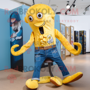 Gold Octopus mascot costume character dressed with a Denim Shirt and Shoe clips