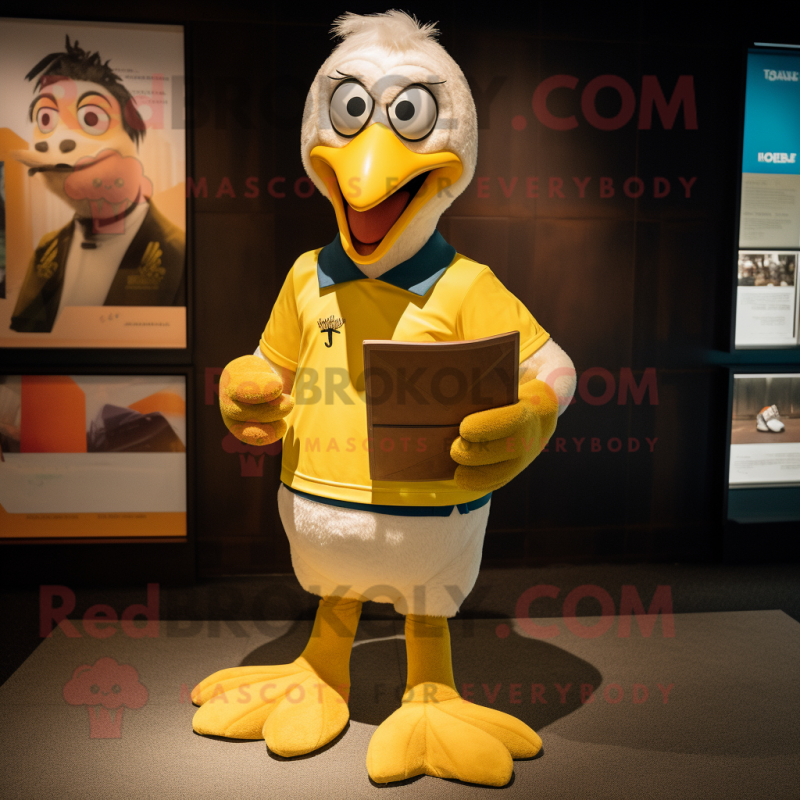 Gold Albatross mascot costume character dressed with a Rugby Shirt and Wallets