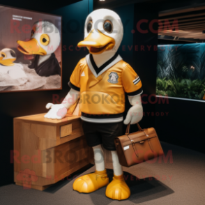Gold Albatross mascot costume character dressed with a Rugby Shirt and Wallets