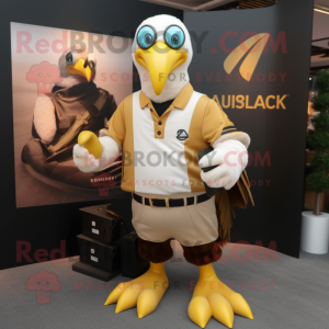 Gold Albatross mascot costume character dressed with a Rugby Shirt and Wallets