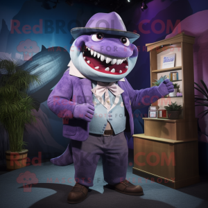 Purple Megalodon mascot costume character dressed with a Cardigan and Lapel pins