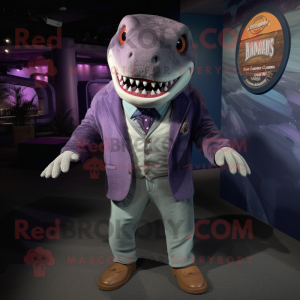 Purple Megalodon mascot costume character dressed with a Cardigan and Lapel pins