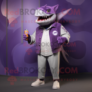 Purple Megalodon mascot costume character dressed with a Cardigan and Lapel pins